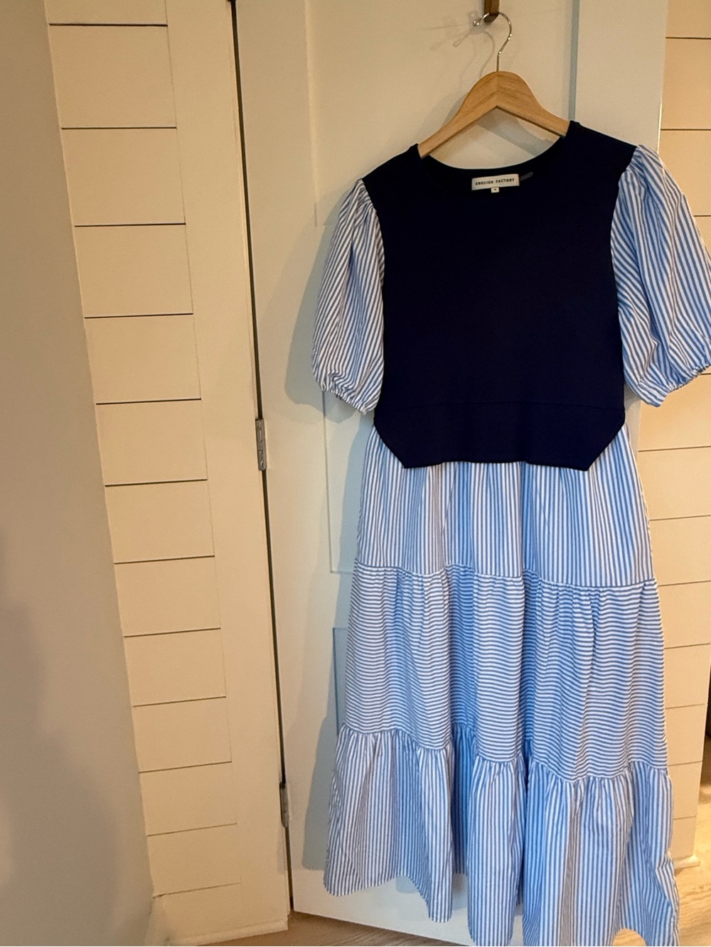 English Factory Striped Mixed Media Maxi Dress Medium Blue White Navy